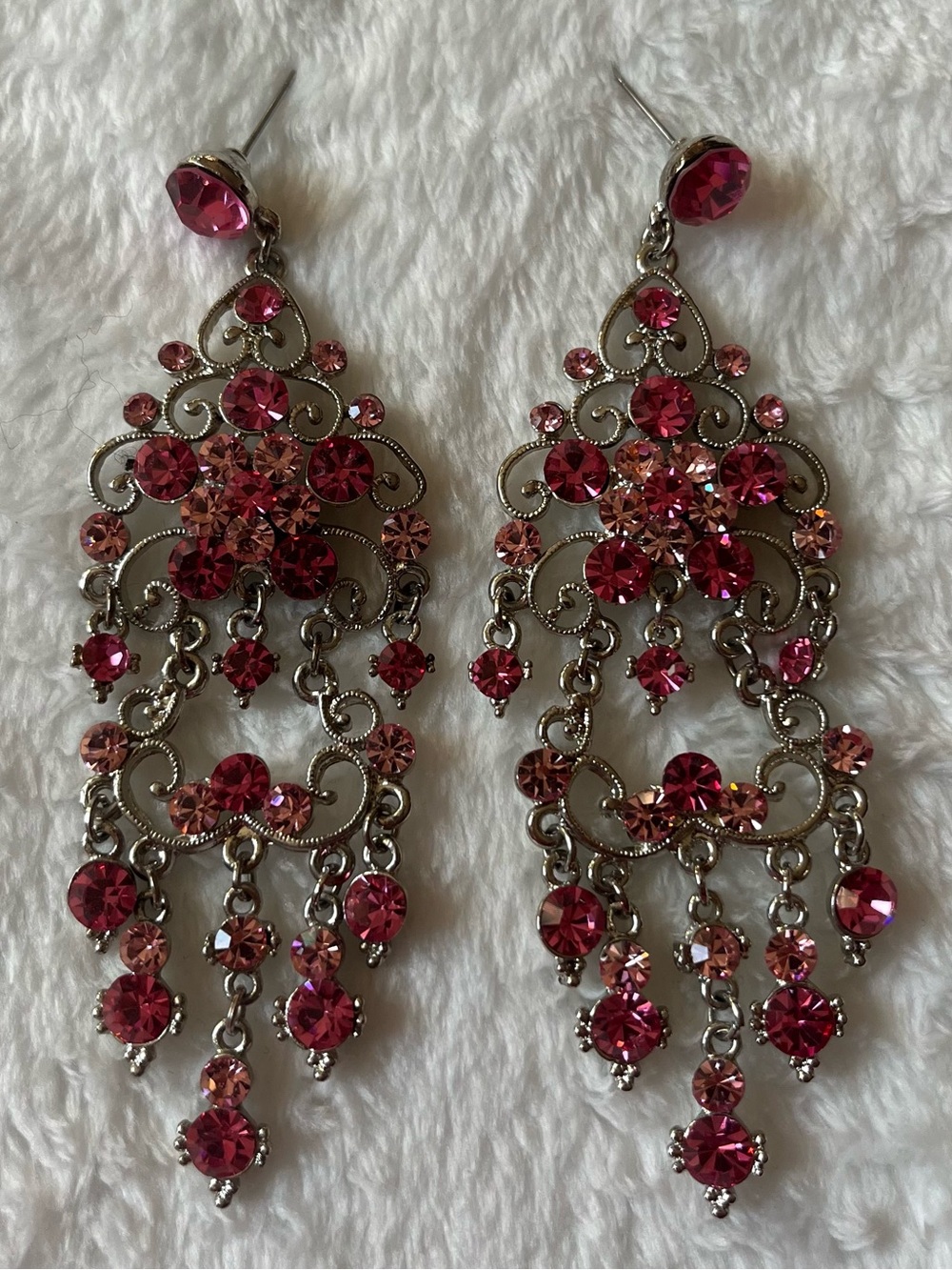 Pink Crystal Chandelier Earrings with Silver Filigree - Unbranded